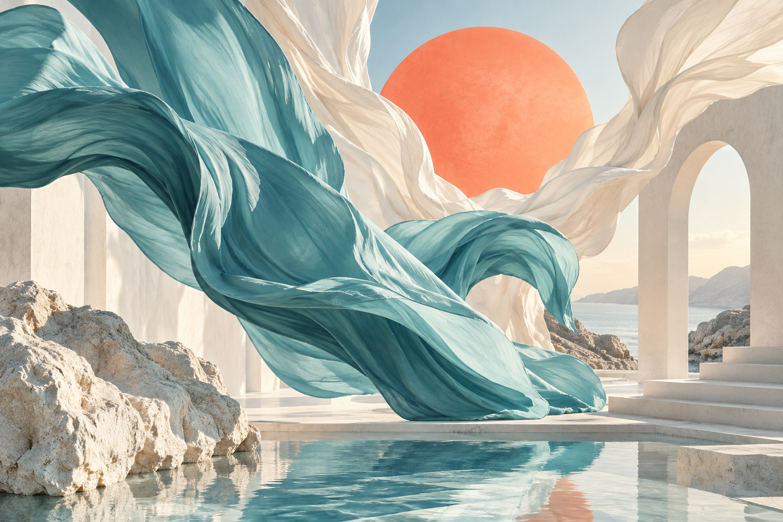 flowing turquoise and warm white fabric sculptures with sunny coral disk, dynamic fashion editorial, no garments